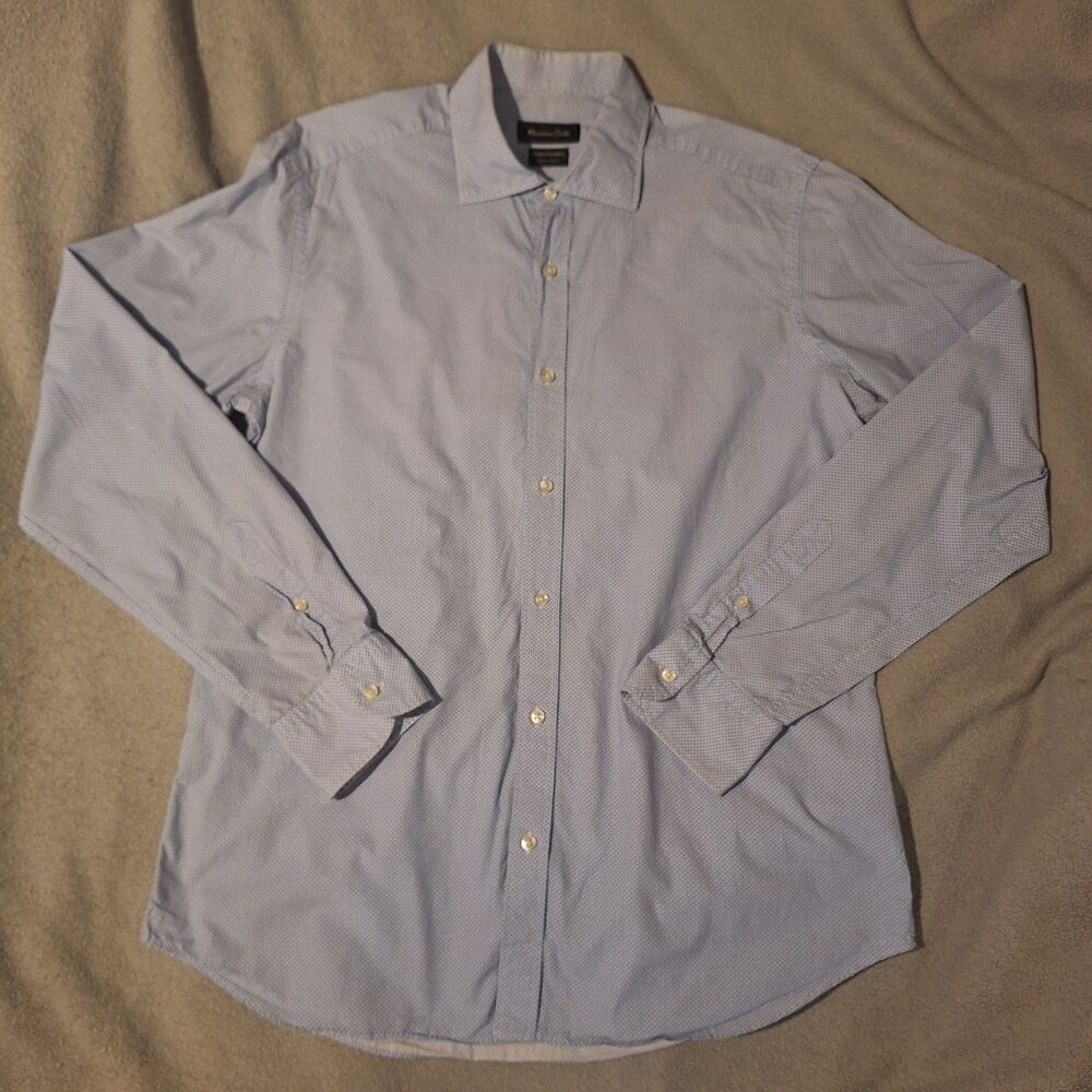 MASSIMO DUTTI-Finest Fabric-Mens L Blue Dress Shirt-Slim-Sml Geo Print-Cotton